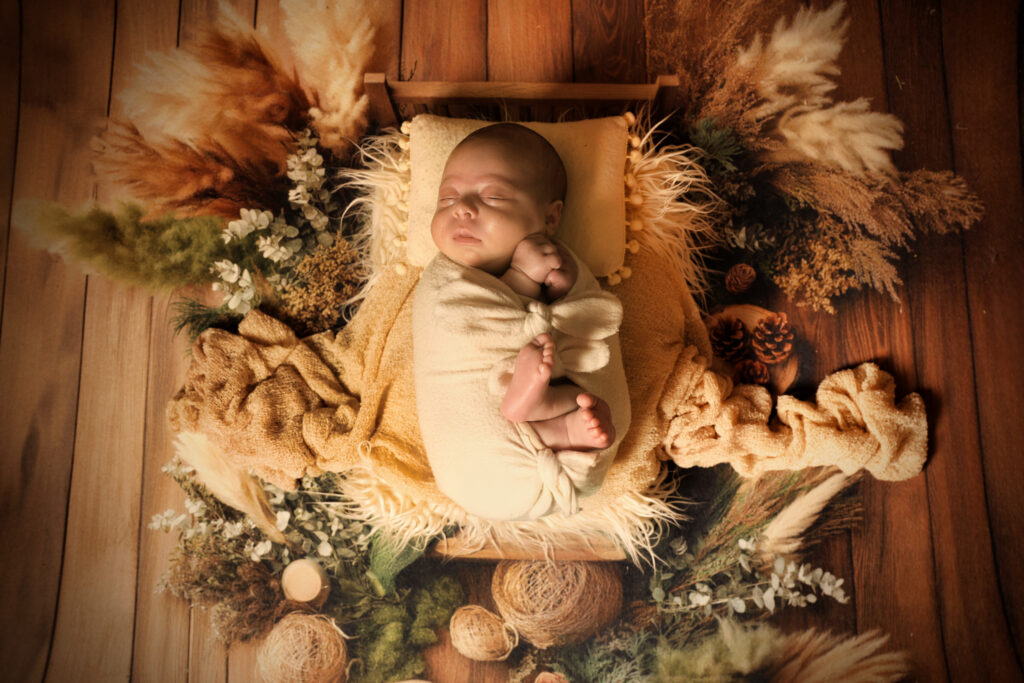 Photo de nouveau-né réalisée chez une photographe à Alissas – bébé paisible lors de sa première séance photo